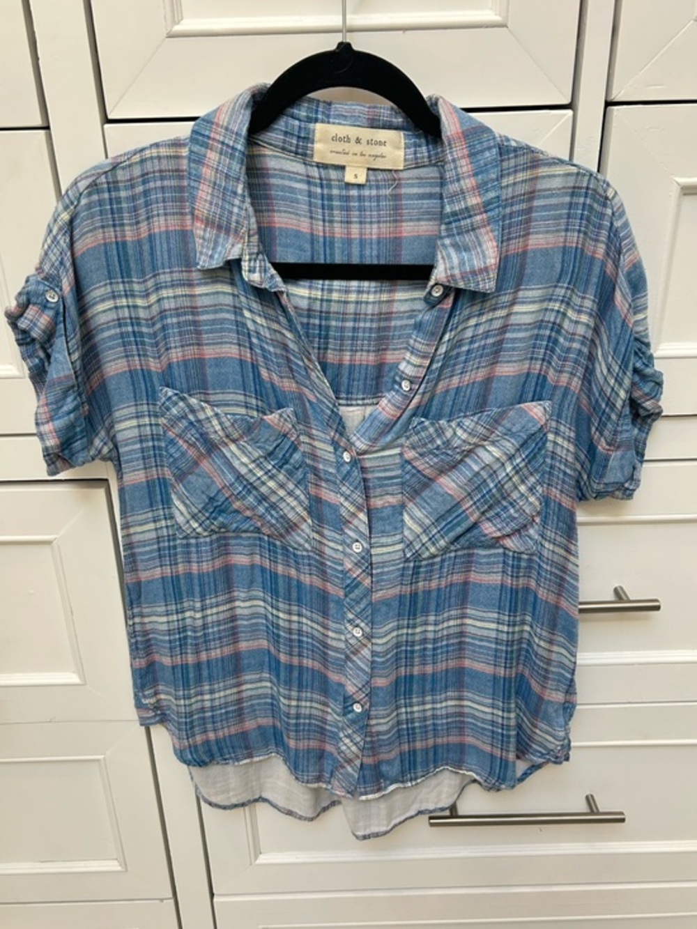 cloth & stone Light Blue Plaid Button-Up Shirt with Pink and Cream Stripes - S